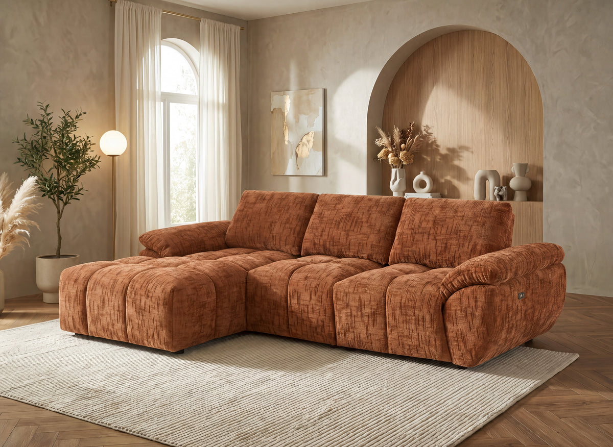 Canapé d’angle relax électrique en velours chiné terracotta ALPES - Angle gauche