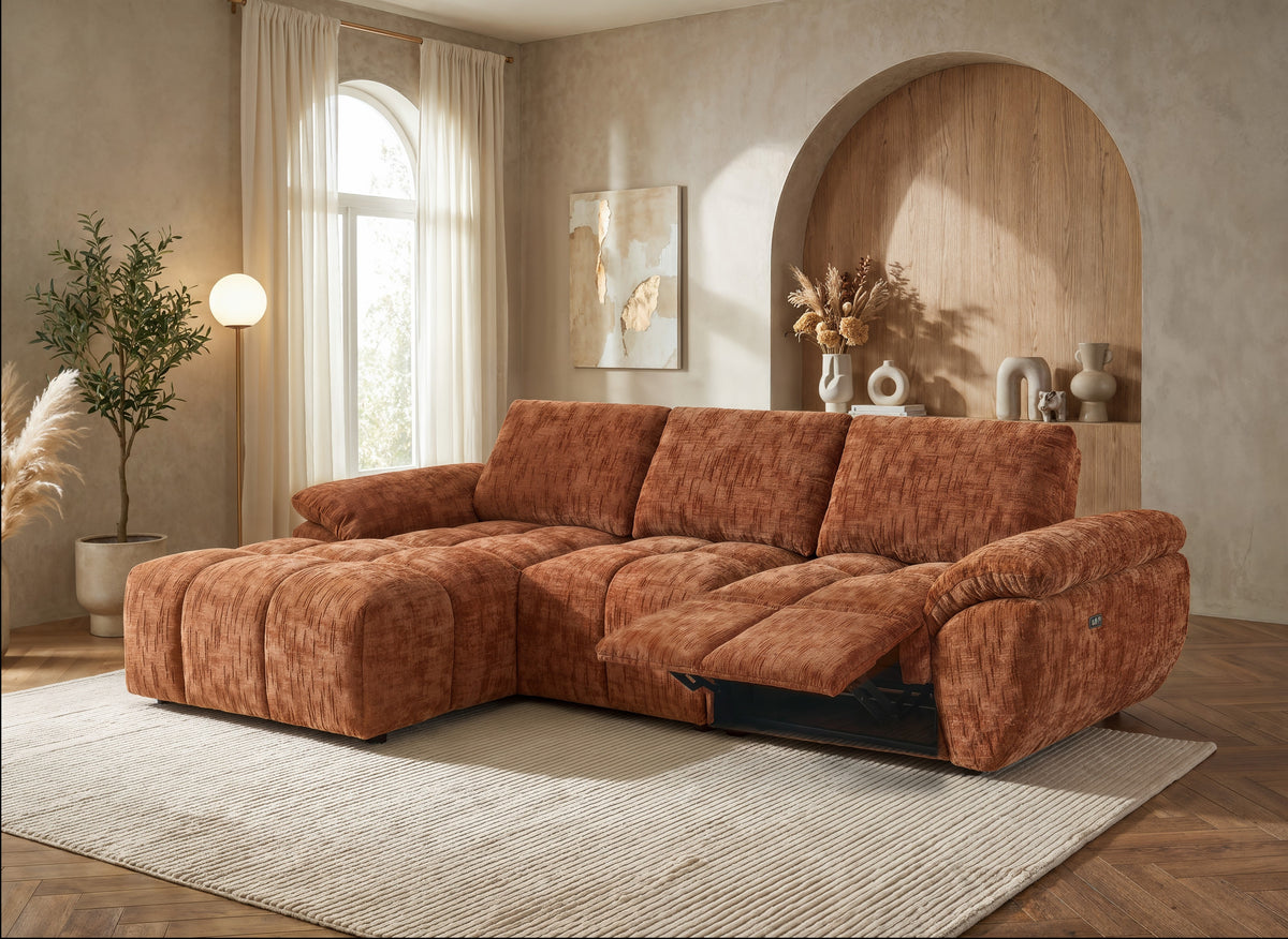 Canapé d’angle relax électrique en velours chiné terracotta ALPES - Angle gauche