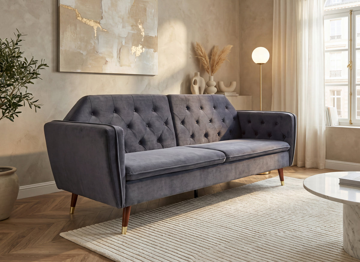 Canapé clic-clac convertible 3 places en tissu velours gris ARIANE