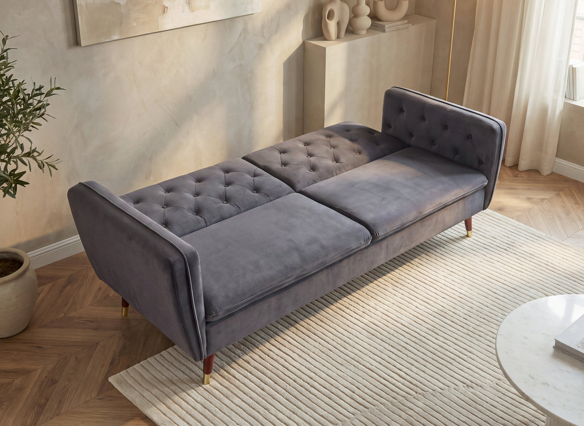 Canapé clic-clac convertible 3 places en tissu velours gris ARIANE