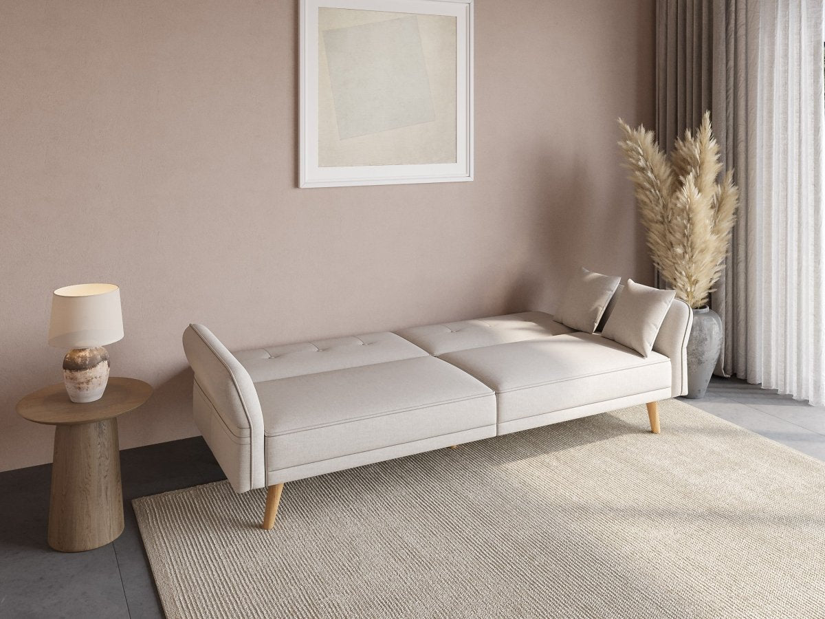 Canapé clic clac 3 places en tissu bouclette blanc écru CHILI - DécoInParis