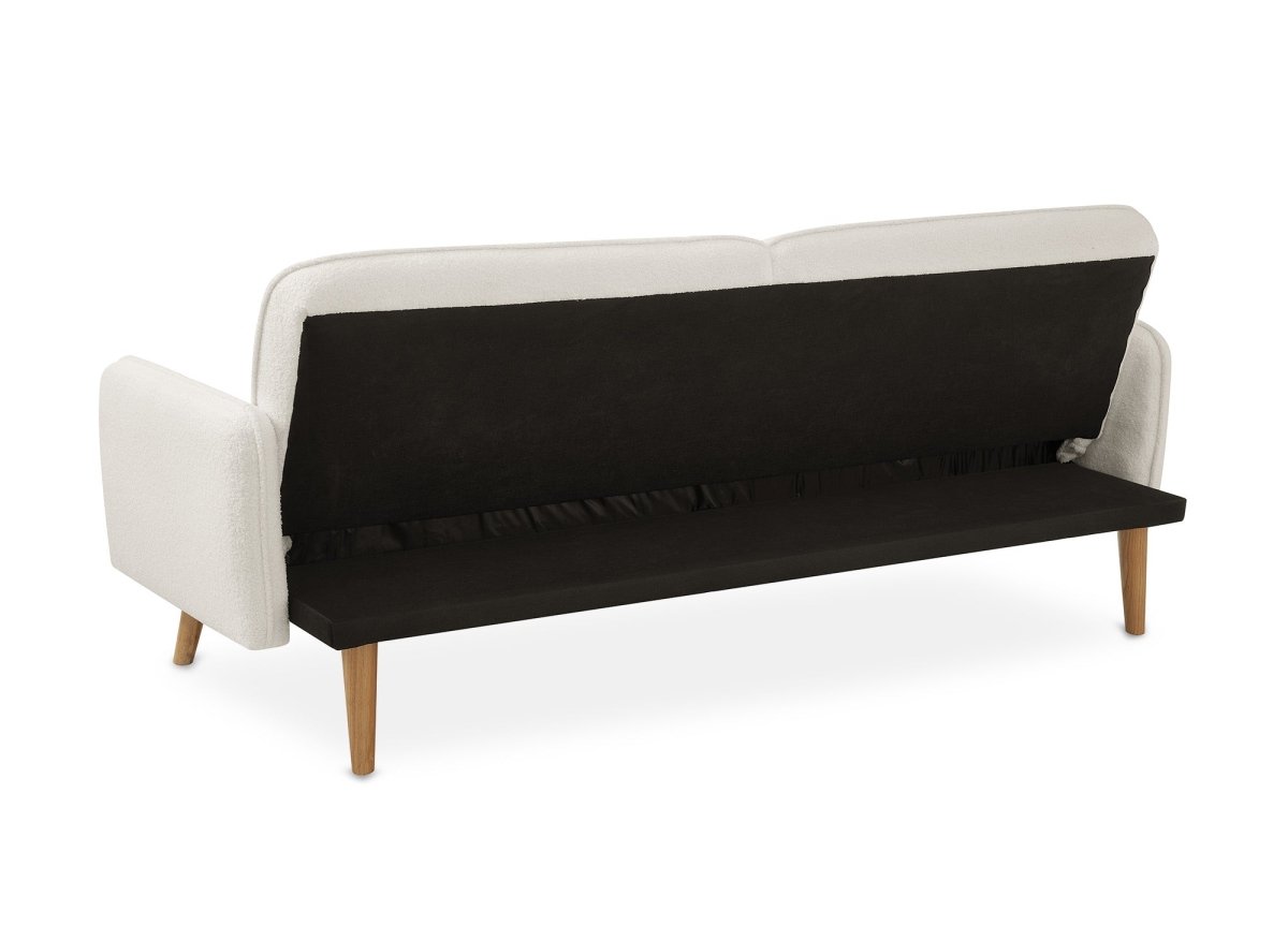 Canapé clic clac en tissu bouclette blanc écru avec pieds en bois NATAL - DécoInParis