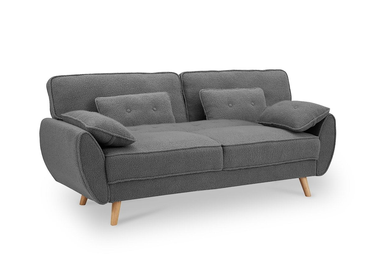 Canapé clic clac en tissu bouclette gris avec pieds en bois PANAMA - DécoInParis