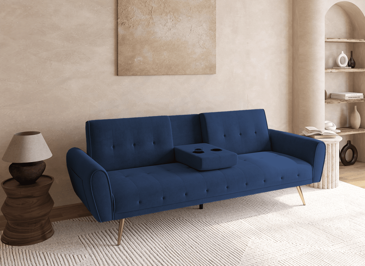 Canapé clic clac en velours bleu foncé avec porte - gobelet LIMA - DécoInParis