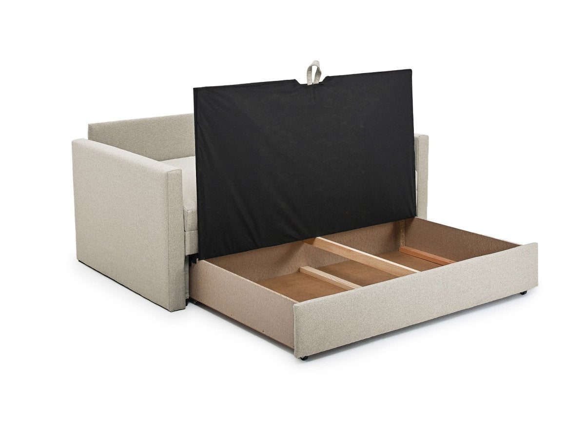 Canapé convertible 2 places avec coffre de rangement en tissu beige YERAZ - DécoInParis
