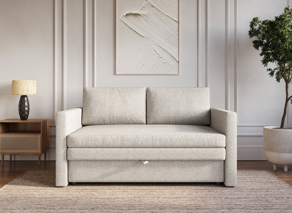 Canapé convertible 2 places avec coffre de rangement en tissu beige YERAZ - DécoInParis