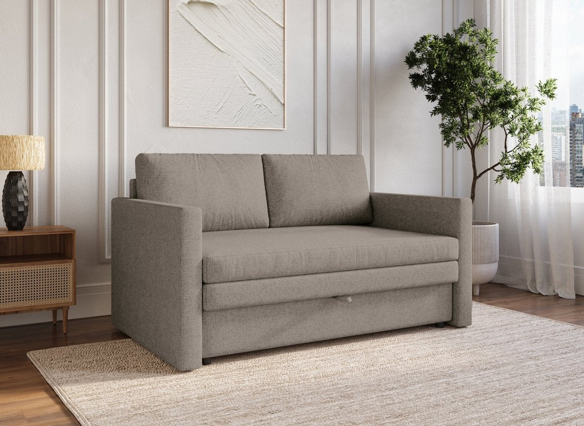 Canapé convertible 2 places avec coffre de rangement en tissu taupe YERAZ - DécoInParis