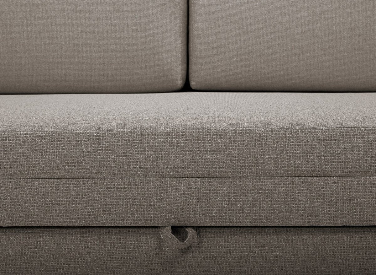 Canapé convertible 2 places avec coffre de rangement en tissu taupe YERAZ - DécoInParis