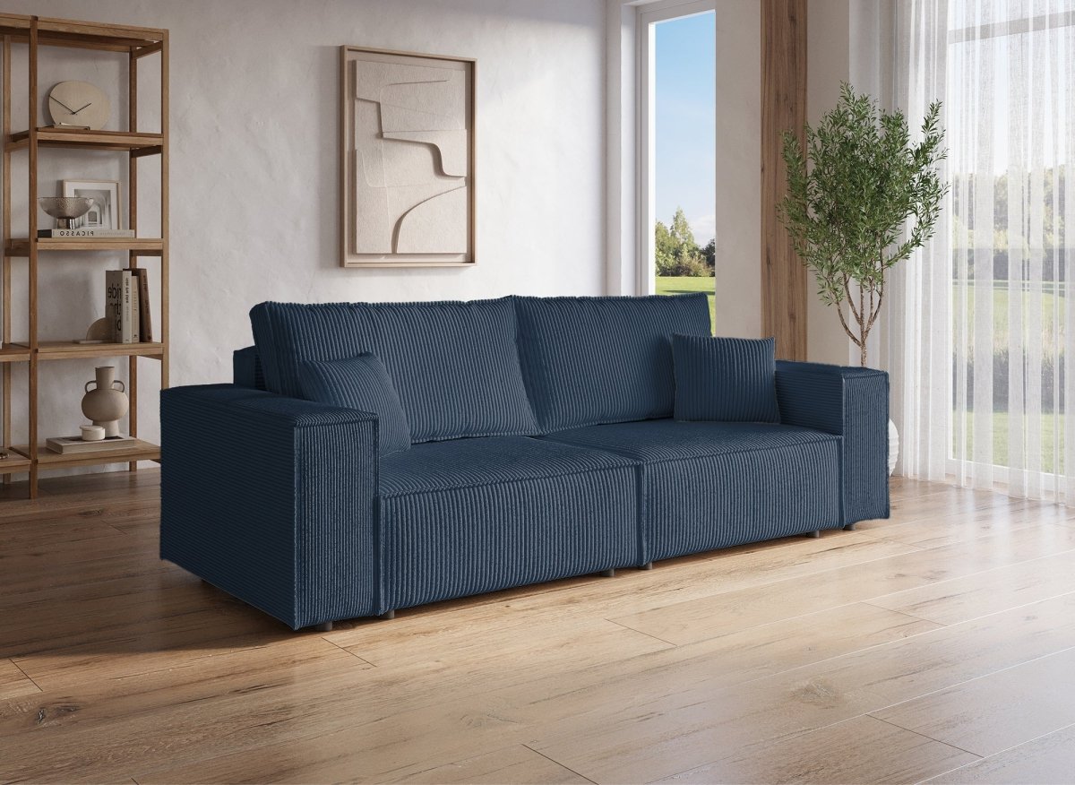 Canapé convertible 3 places avec coffre en velours bleu JADE - DécoInParis