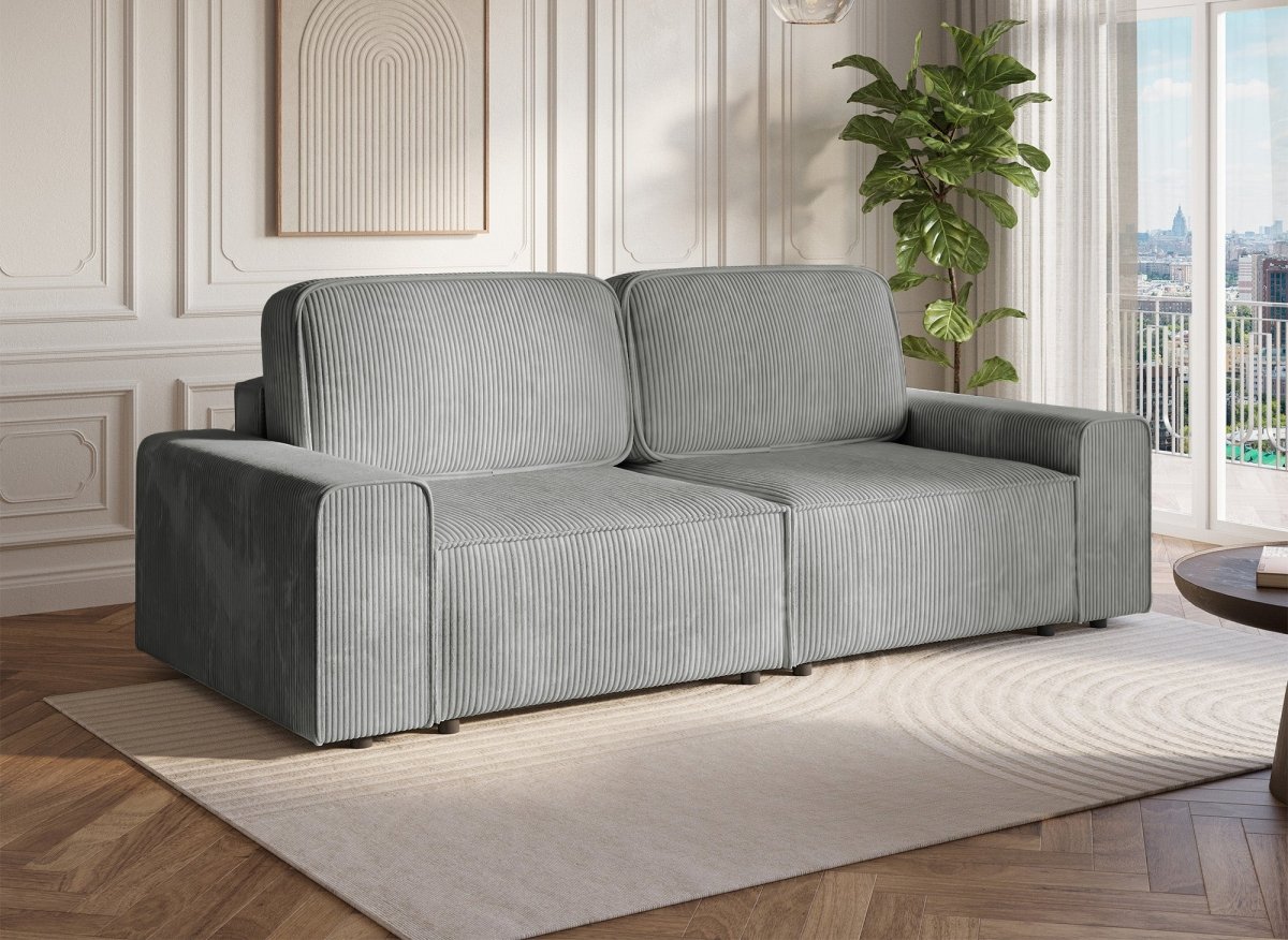 Canapé convertible 3 places avec coffre en velours côtelé épais gris DONA - DécoInParis