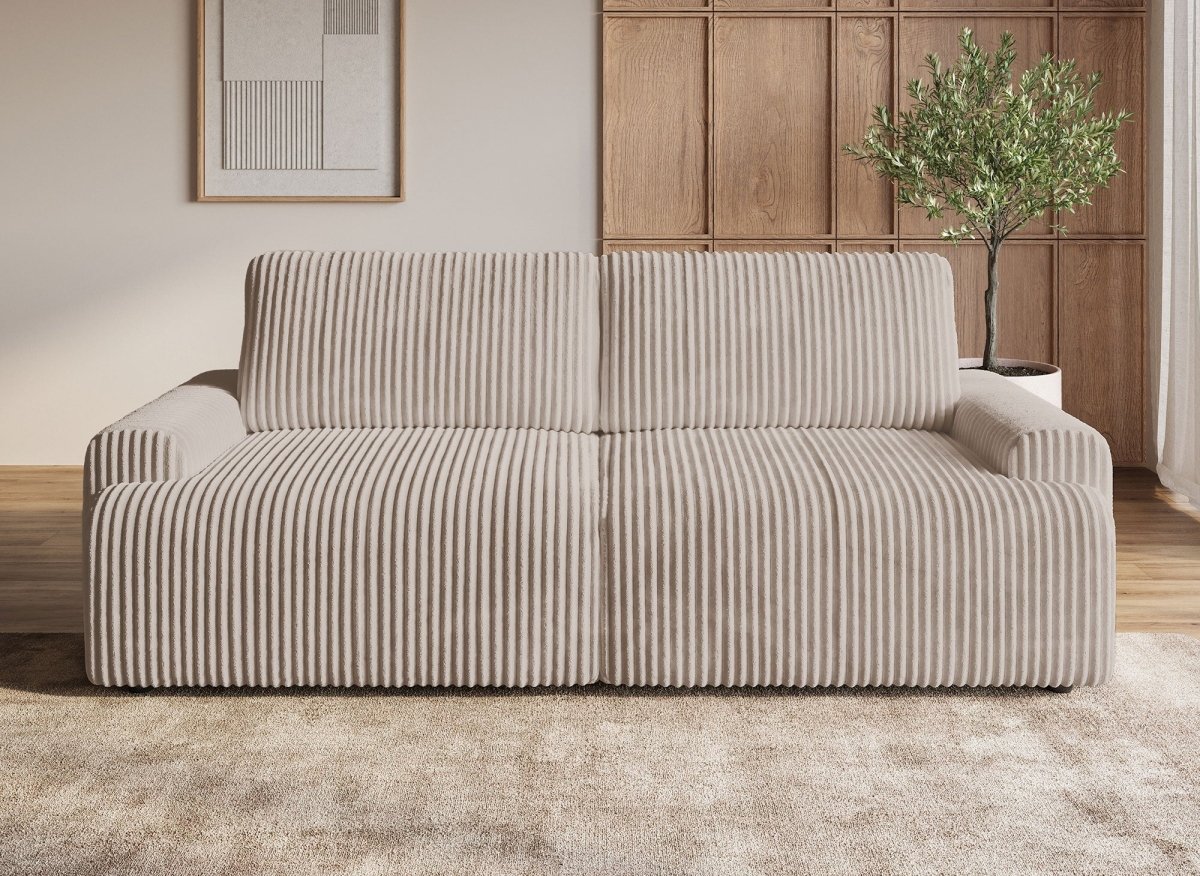 Canapé convertible 3 places avec coffre en velours côtelé épais taupe MILO - DécoInParis