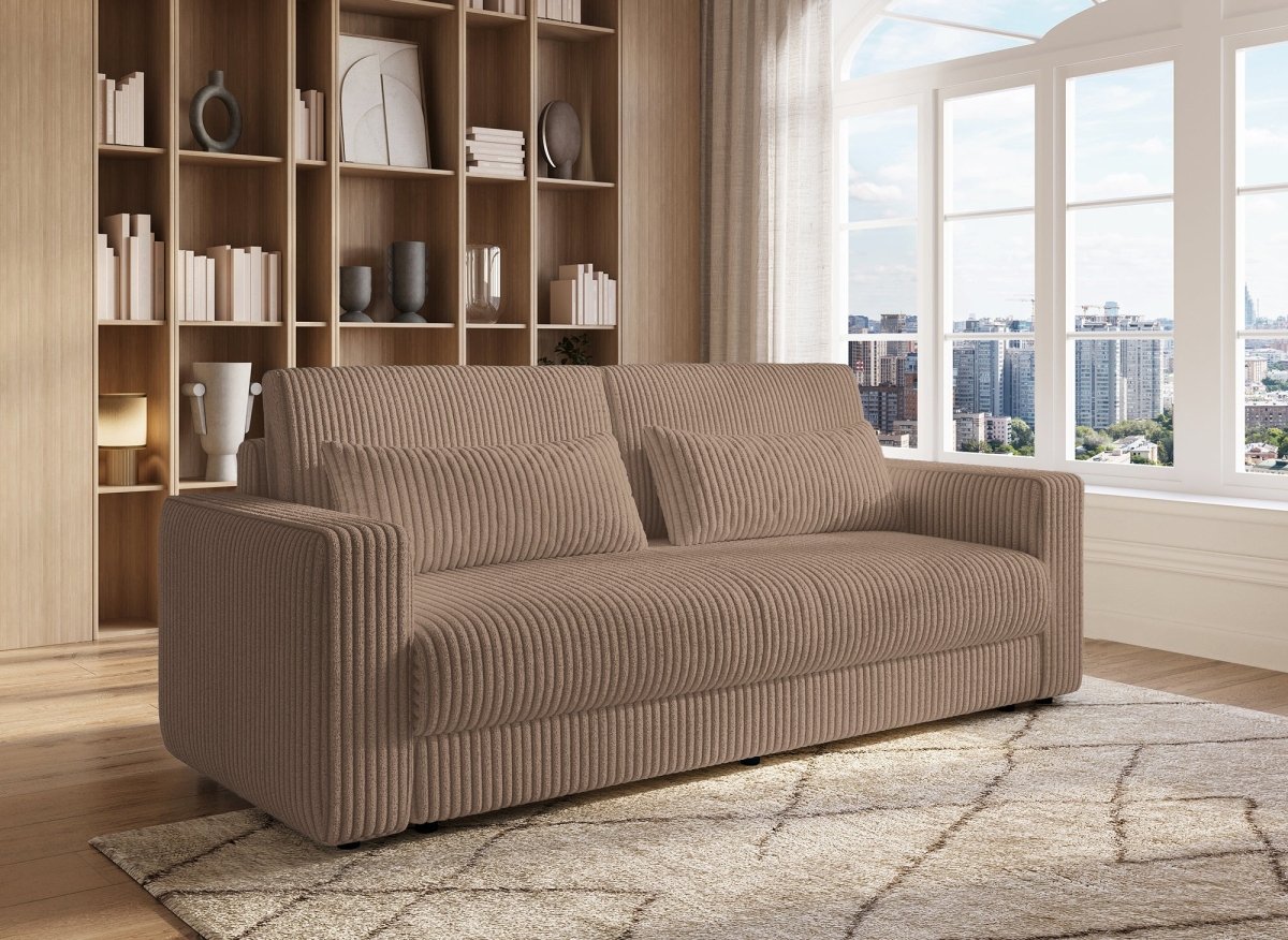 Canapé convertible 3 places avec coffre en velours côtelé épais taupe ZURIA - DécoInParis