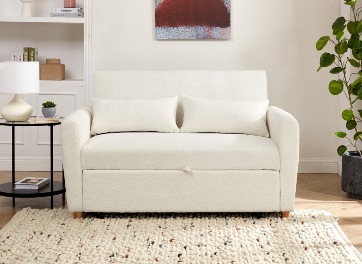 Canapé convertible 3 places en tissu bouclette blanc écru KALAYA - DécoInParis