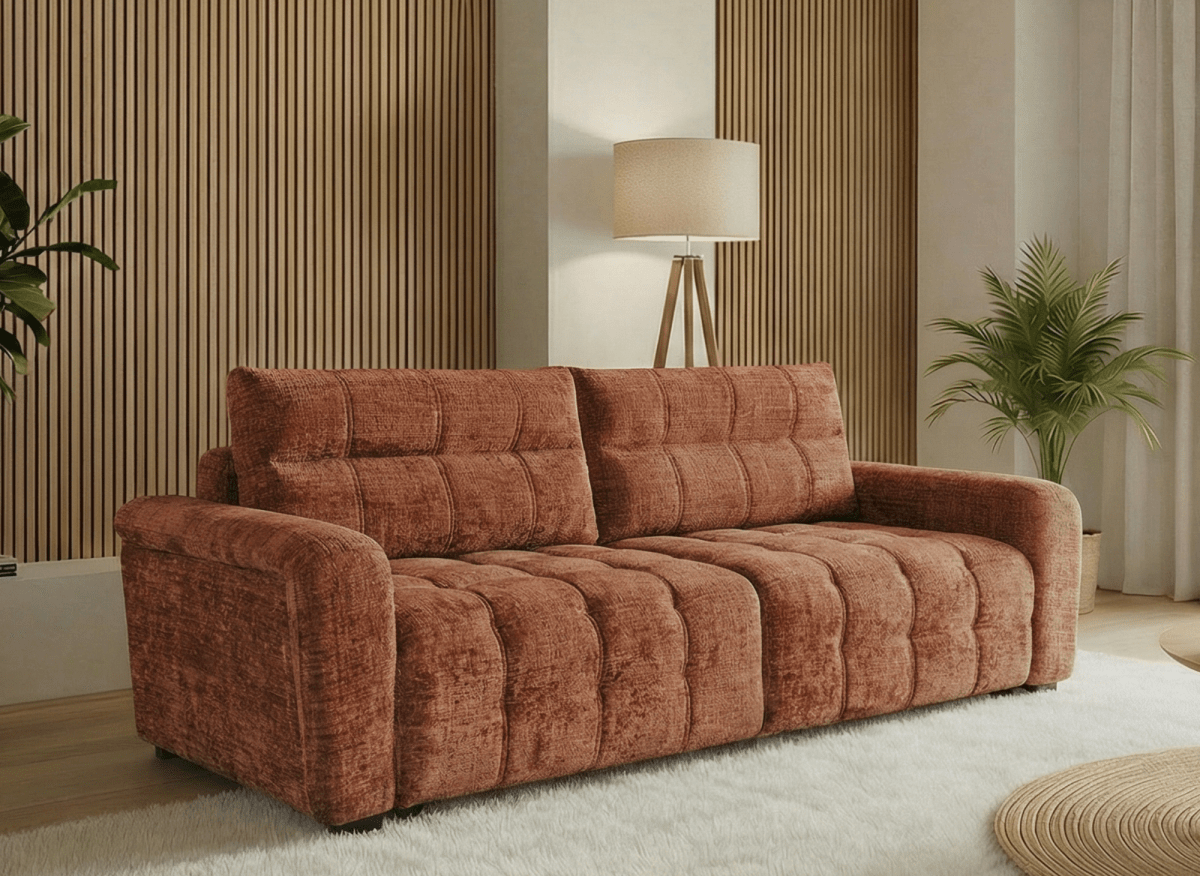Canapé convertible avec coffre 3 places en velours chiné terracotta RALYA - DécoInParis