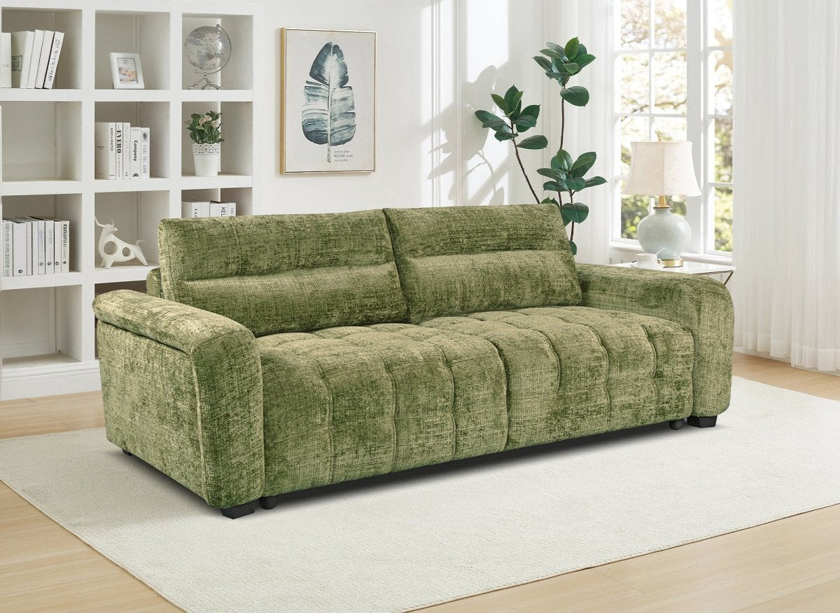 Canapé convertible avec coffre 3 places en velours chiné vert olive RALYA - DécoInParis