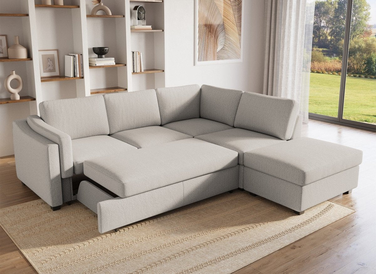 Canapé convertible avec coffre en tissu beige BARNEY - Angle droit - DécoInParis