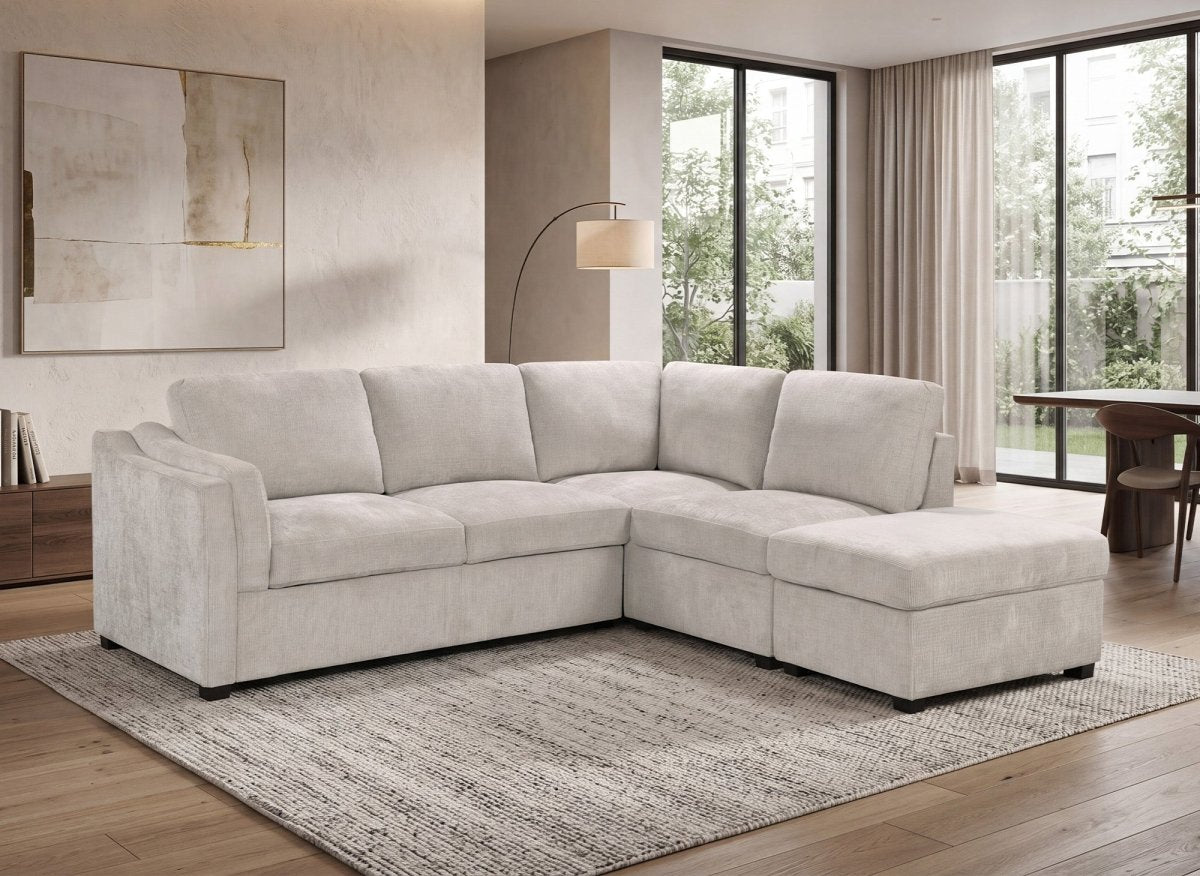 Canapé convertible avec coffre en velours chiné beige BARNEY - Angle droit - DécoInParis