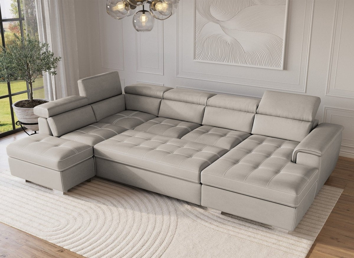 Canapé convertible et panoramique avec coffre de rangement en tissu beige OLIVER - Angle Droit - DécoInParis