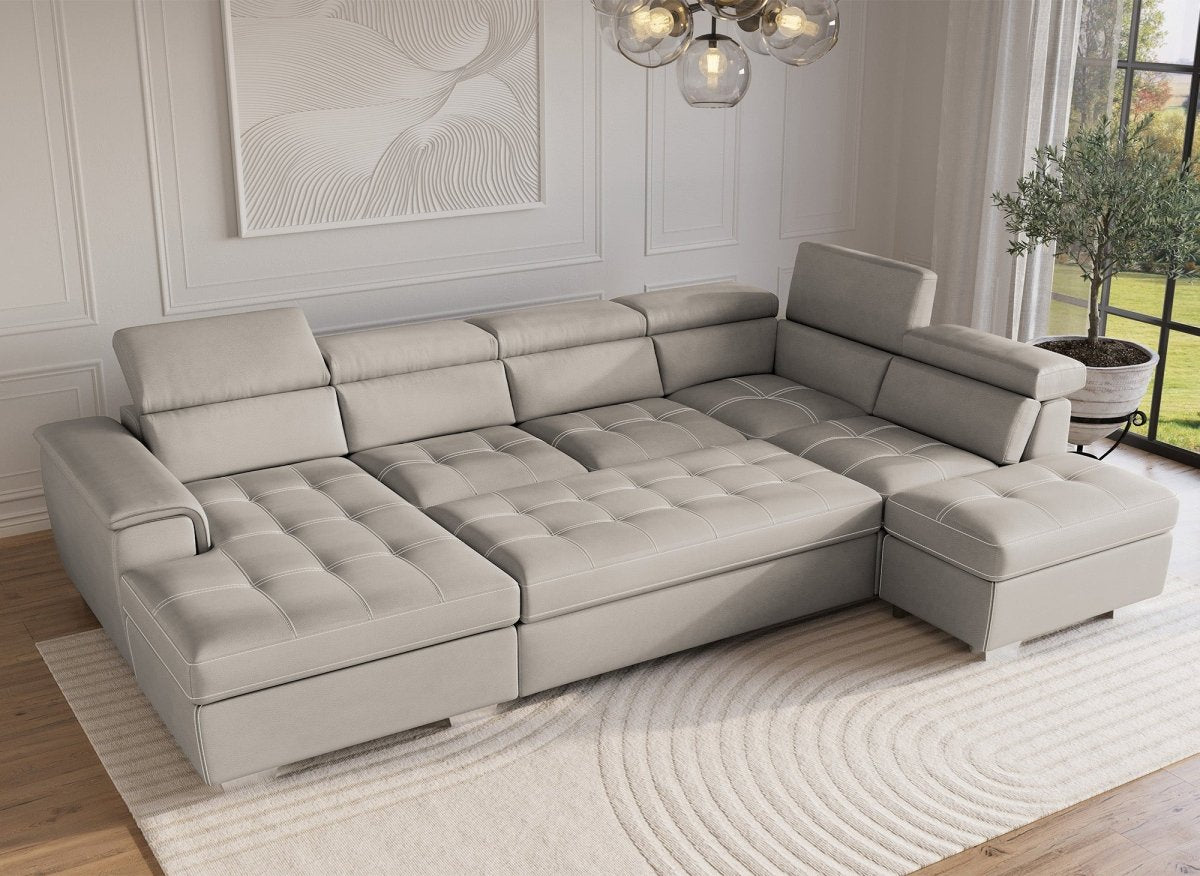 Canapé convertible et panoramique avec coffre de rangement en tissu beige OLIVER - Angle Gauche - DécoInParis