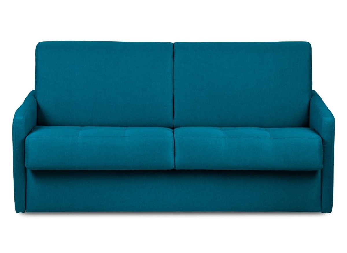 Canapé convertible express 3 places en tissu bleu pétrole LOUNA SLIM - DécoInParis