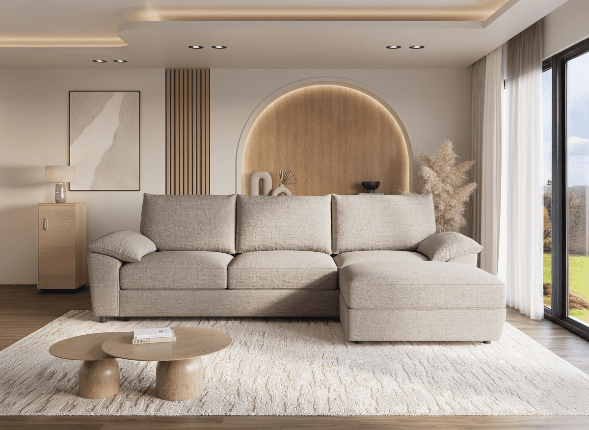 Canapé d'angle convertible avec coffre de rangement en velours chiné beige GABIN - Angle droit - DécoInParis