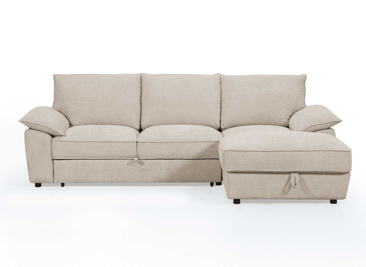 Canapé d'angle convertible avec coffre de rangement en velours chiné beige GABIN - Angle droit - DécoInParis