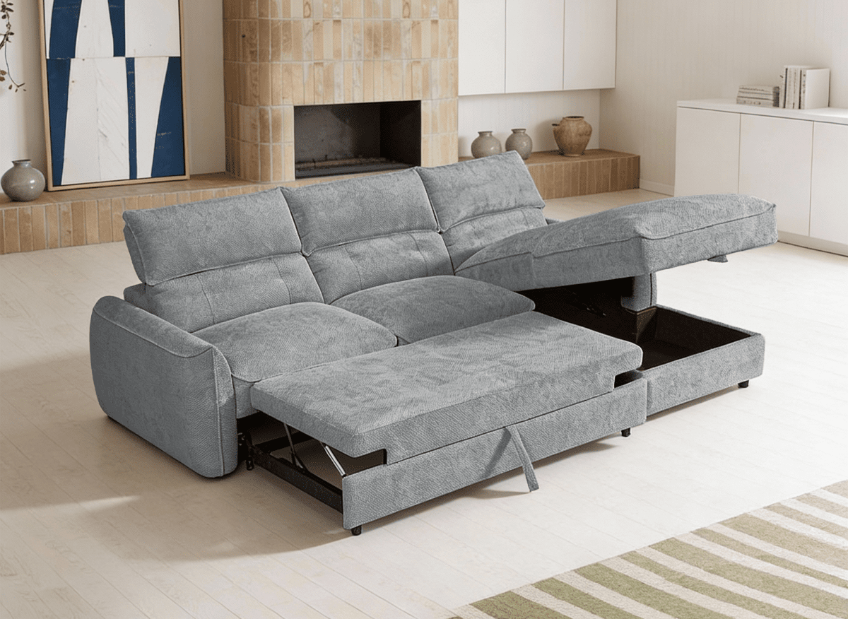 Canapé d'angle convertible avec coffre de rangement en velours chiné gris SAMINA - Angle droit - DécoInParis