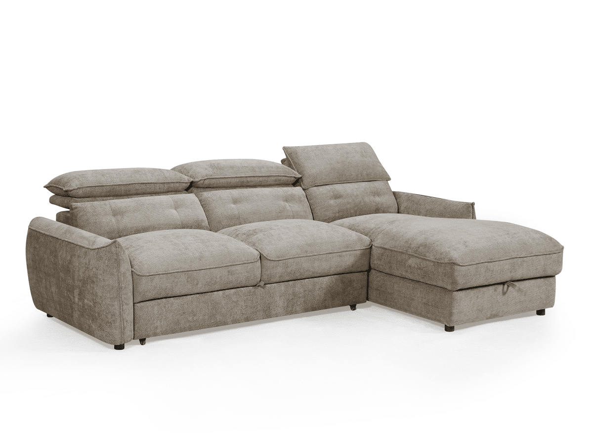 Canapé d'angle convertible avec coffre de rangement en velours chiné taupe SAMINA - Angle droit - DécoInParis