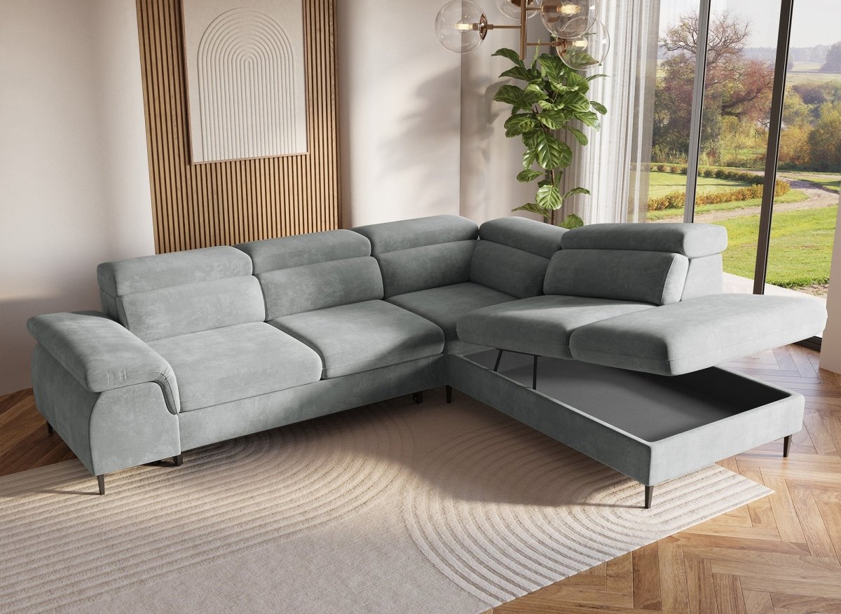 Canapé d'angle convertible avec coffre de rangement en velours gris SWAN - Angle droit - DécoInParis