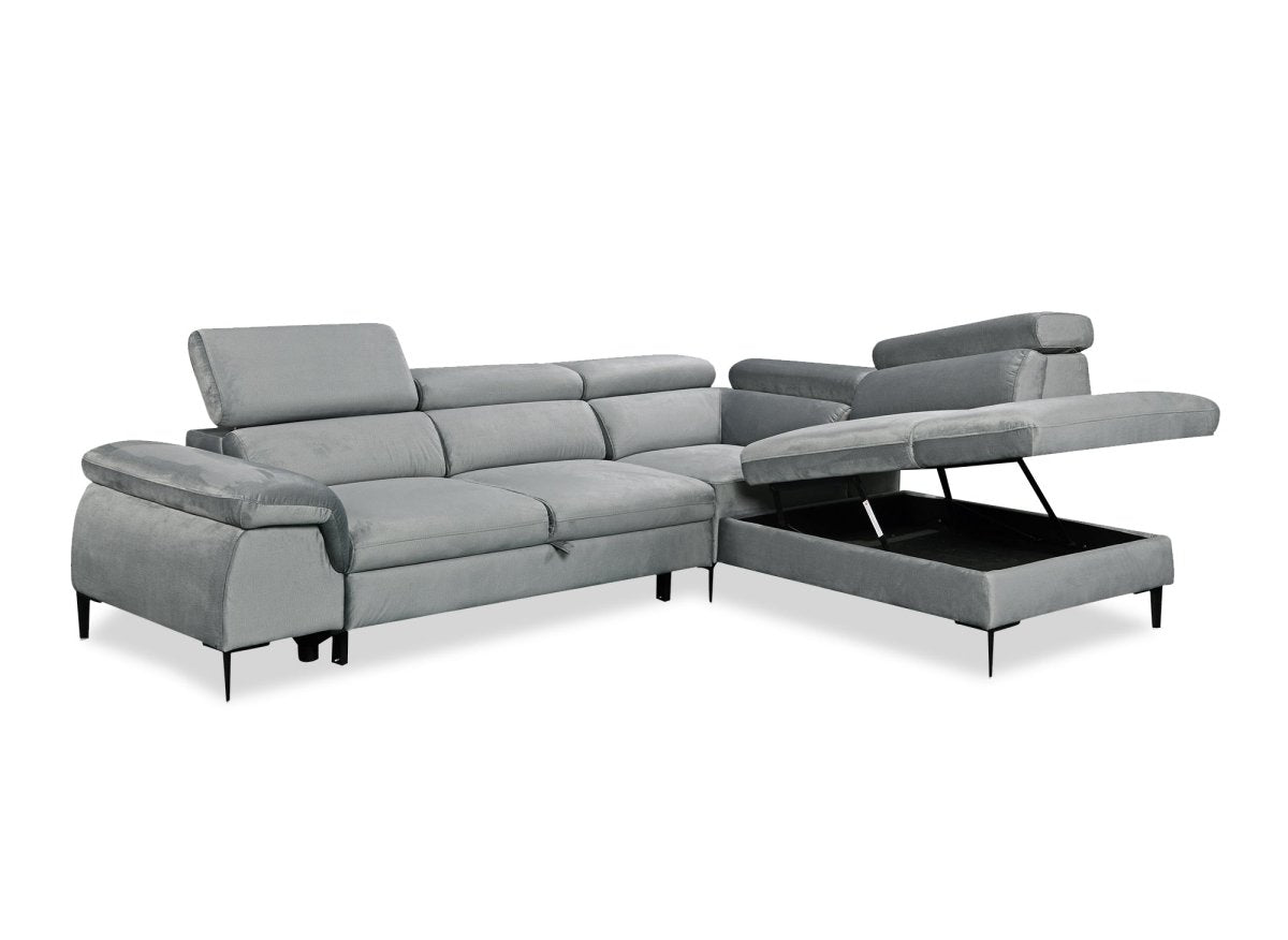 Canapé d'angle convertible avec coffre de rangement en velours gris SWAN - Angle droit - DécoInParis