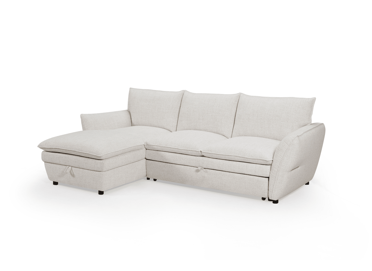 Canapé d'angle convertible avec coffre en tissu beige CAPUCINE - Angle gauche - DécoInParis