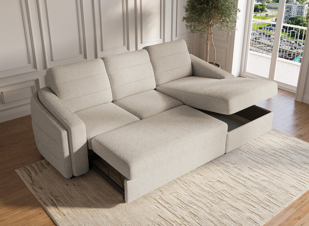 Canapé d'angle convertible avec coffre en tissu bouclette beige CALANDRA - Angle droit - DécoInParis