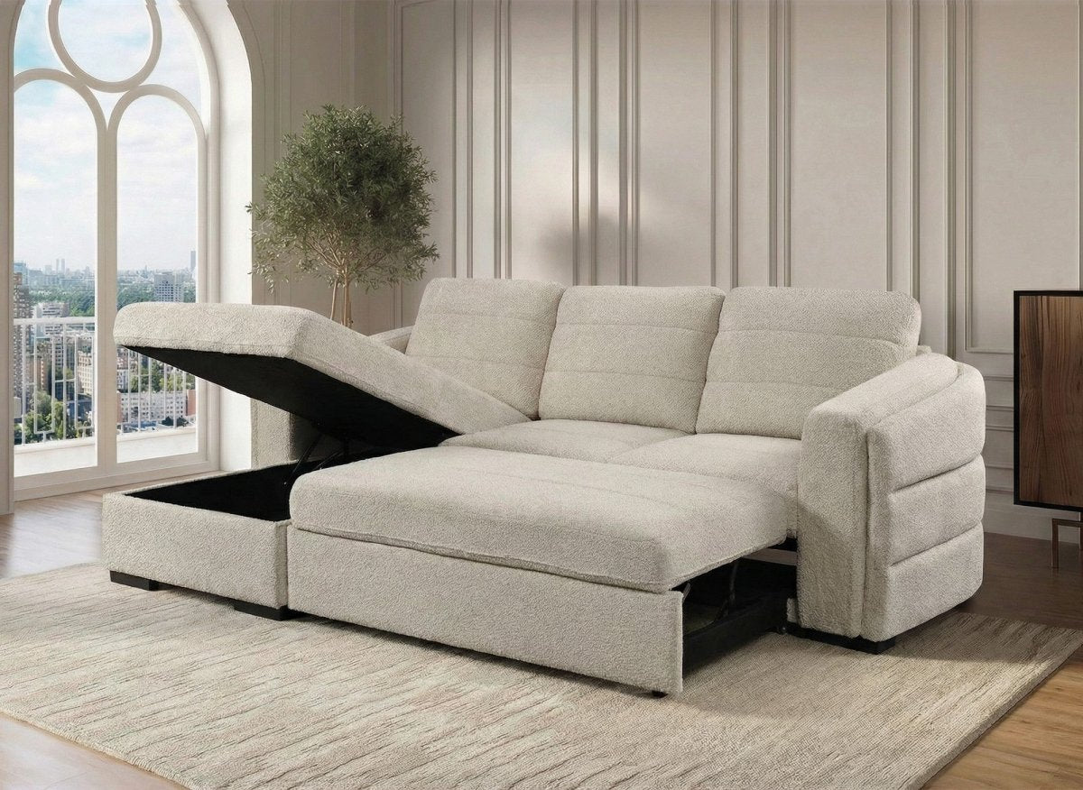 Canapé d'angle convertible avec coffre en tissu bouclette beige CALANDRA - Angle gauche - DécoInParis