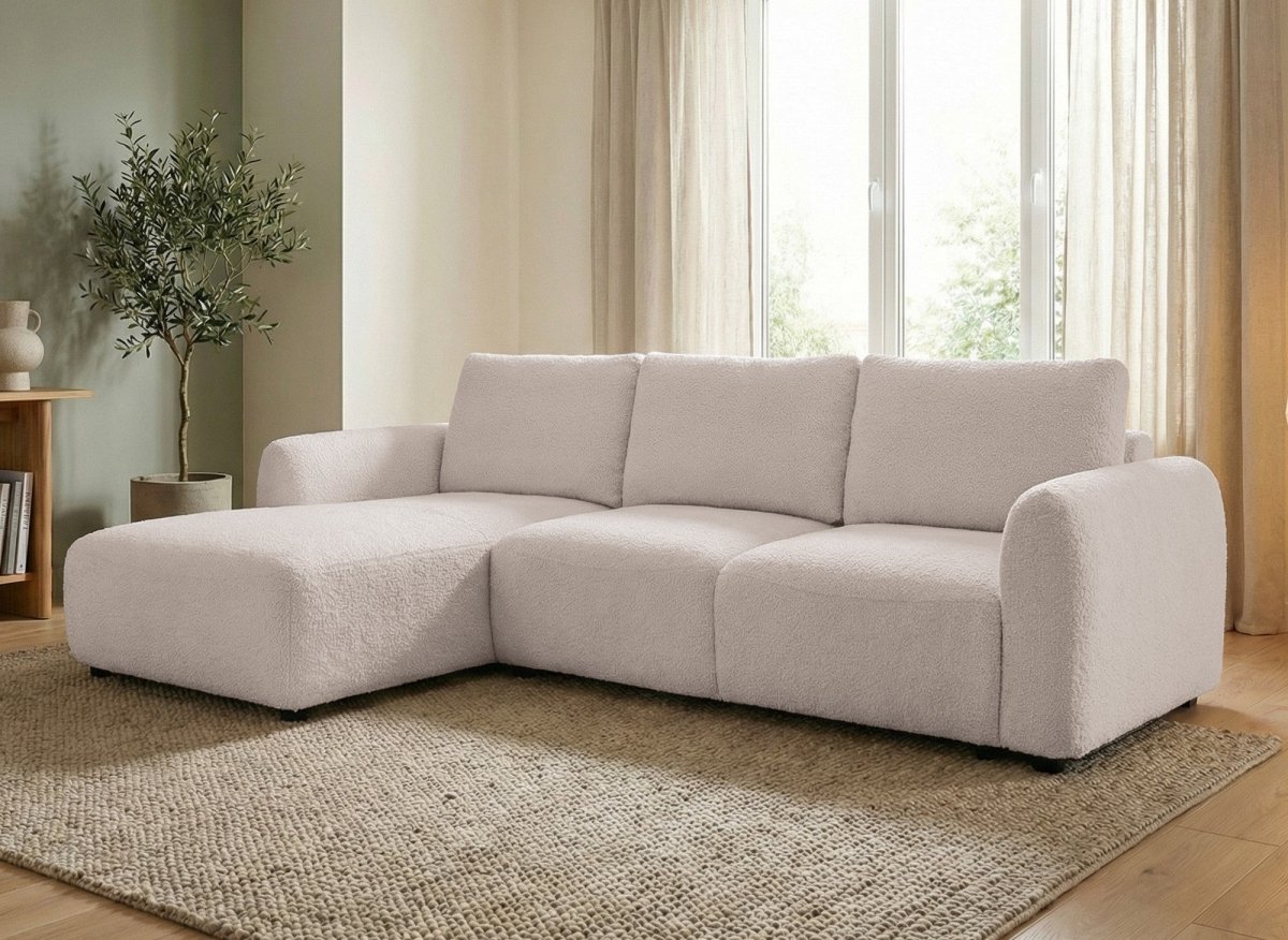 Canapé d'angle convertible avec coffre en tissu bouclette beige MARLA - Angle gauche - DécoInParis