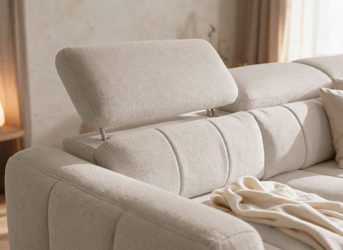 Canapé d'angle convertible avec coffre en tissu bouclette beige NAOMI -Angle droit - DécoInParis