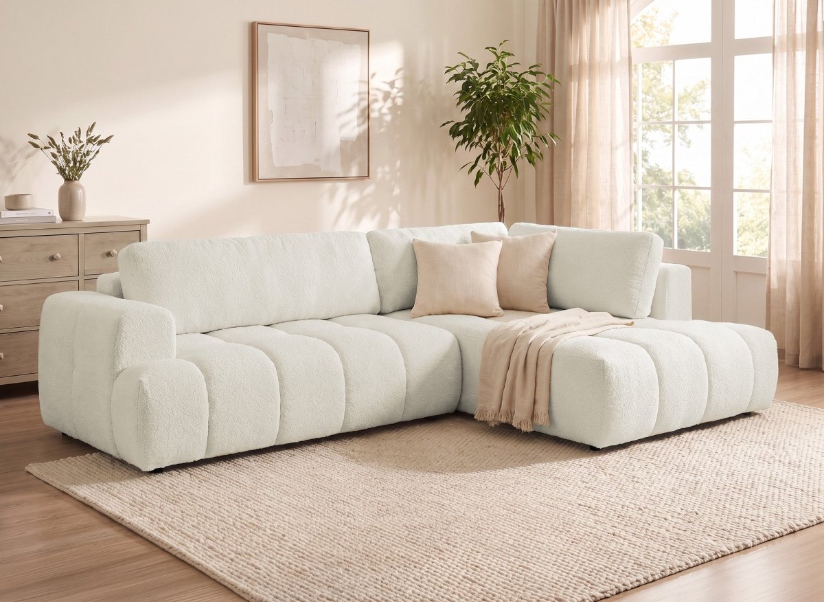 Canapé d'angle convertible avec coffre en tissu bouclette écru HAVEN - Angle droit - DécoInParis