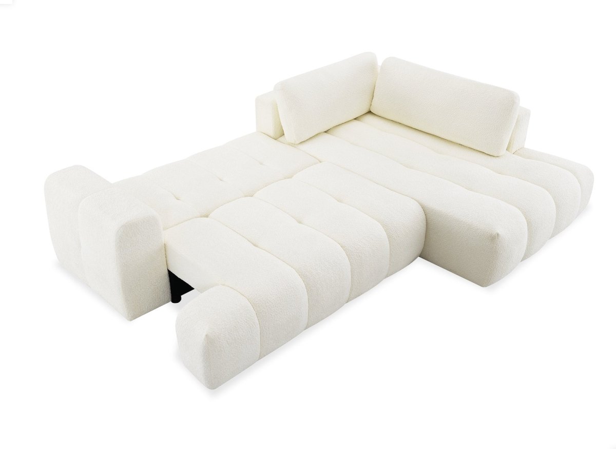 Canapé d'angle convertible avec coffre en tissu bouclette écru HAVEN - Angle droit - DécoInParis