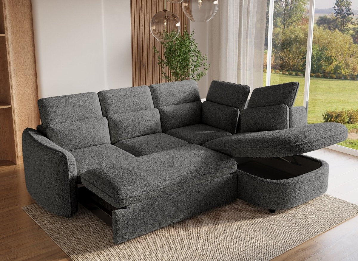 Canapé d'angle convertible avec coffre en tissu bouclette gris BAYA - angle droit - DécoInParis