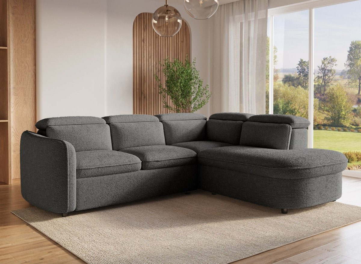 Canapé d'angle convertible avec coffre en tissu bouclette gris BAYA - angle droit - DécoInParis