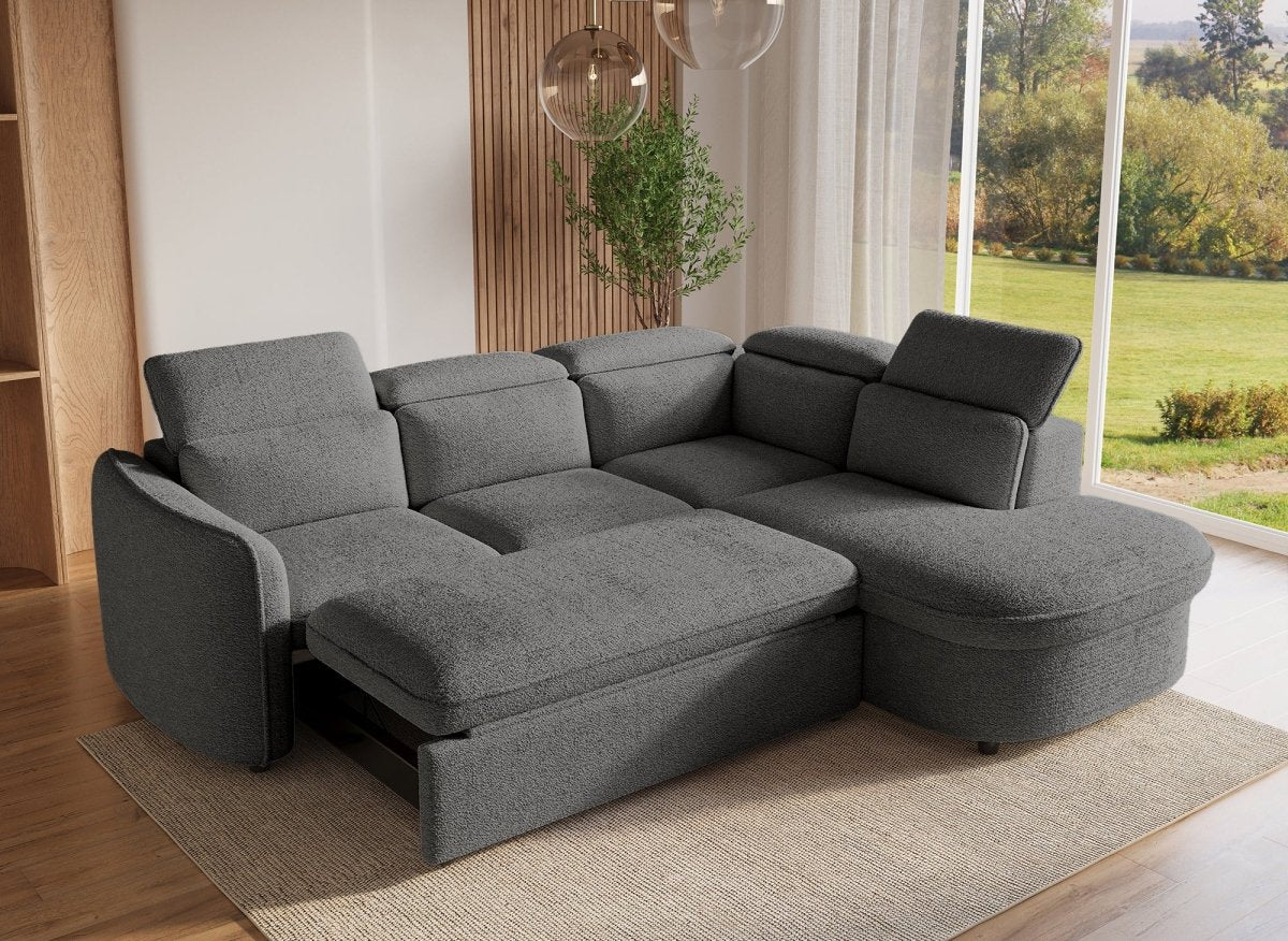 Canapé d'angle convertible avec coffre en tissu bouclette gris BAYA - angle droit - DécoInParis