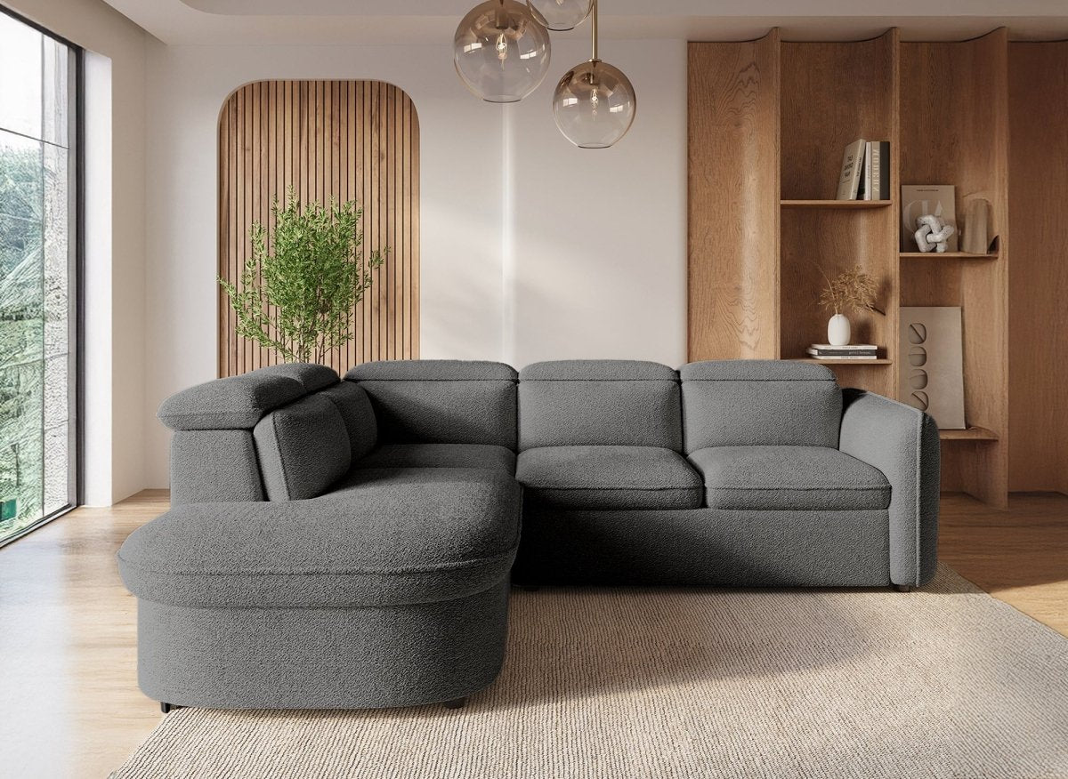 Canapé d'angle convertible avec coffre en tissu bouclette gris BAYA - angle gauche - DécoInParis