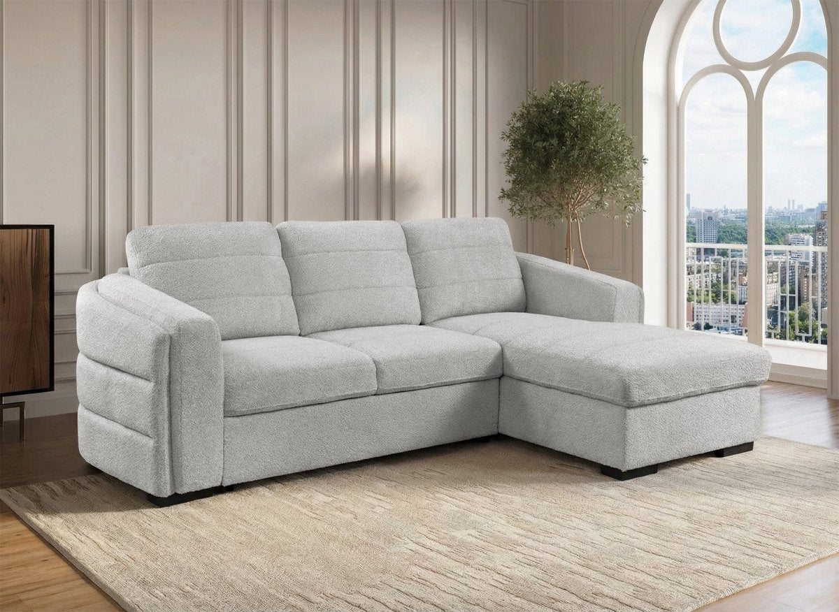 Canapé d'angle convertible avec coffre en tissu bouclette gris clair CALANDRA - Angle droit - DécoInParis