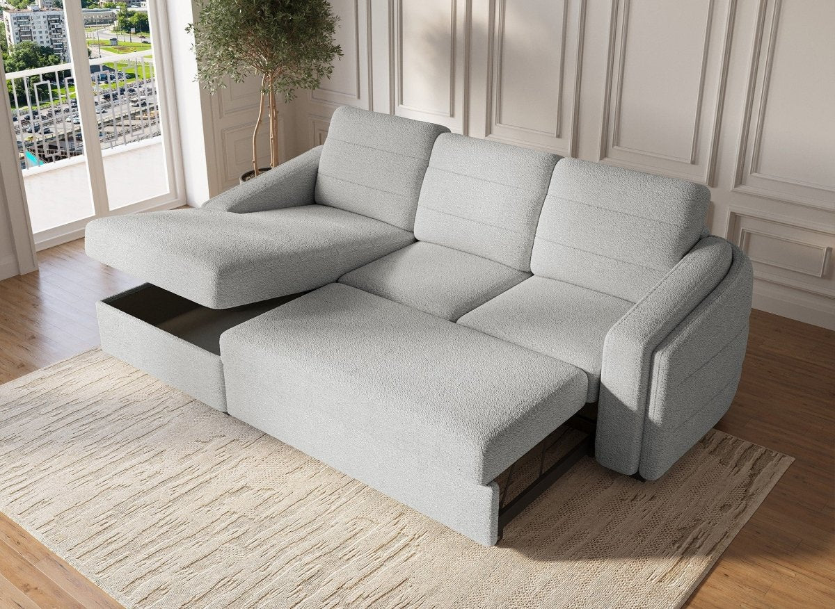 Canapé d'angle convertible avec coffre en tissu bouclette gris clair CALANDRA - Angle gauche - DécoInParis