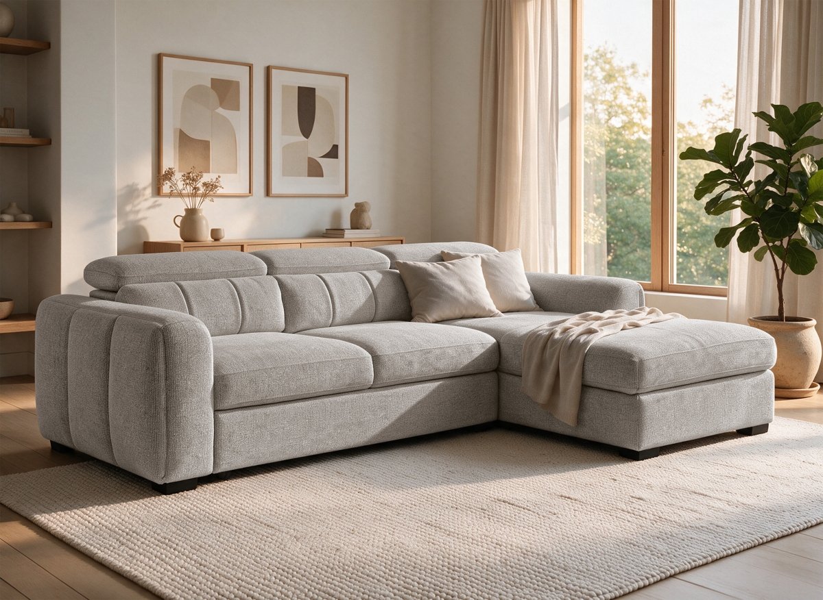 Canapé d'angle convertible avec coffre en tissu bouclette taupe NAOMI -Angle droit - DécoInParis
