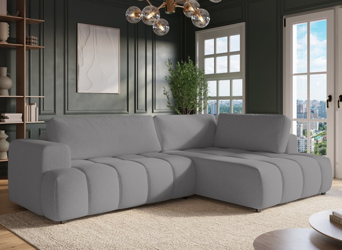 Canapé d'angle convertible avec coffre en tissu gris HAVEN - Angle droit - DécoInParis