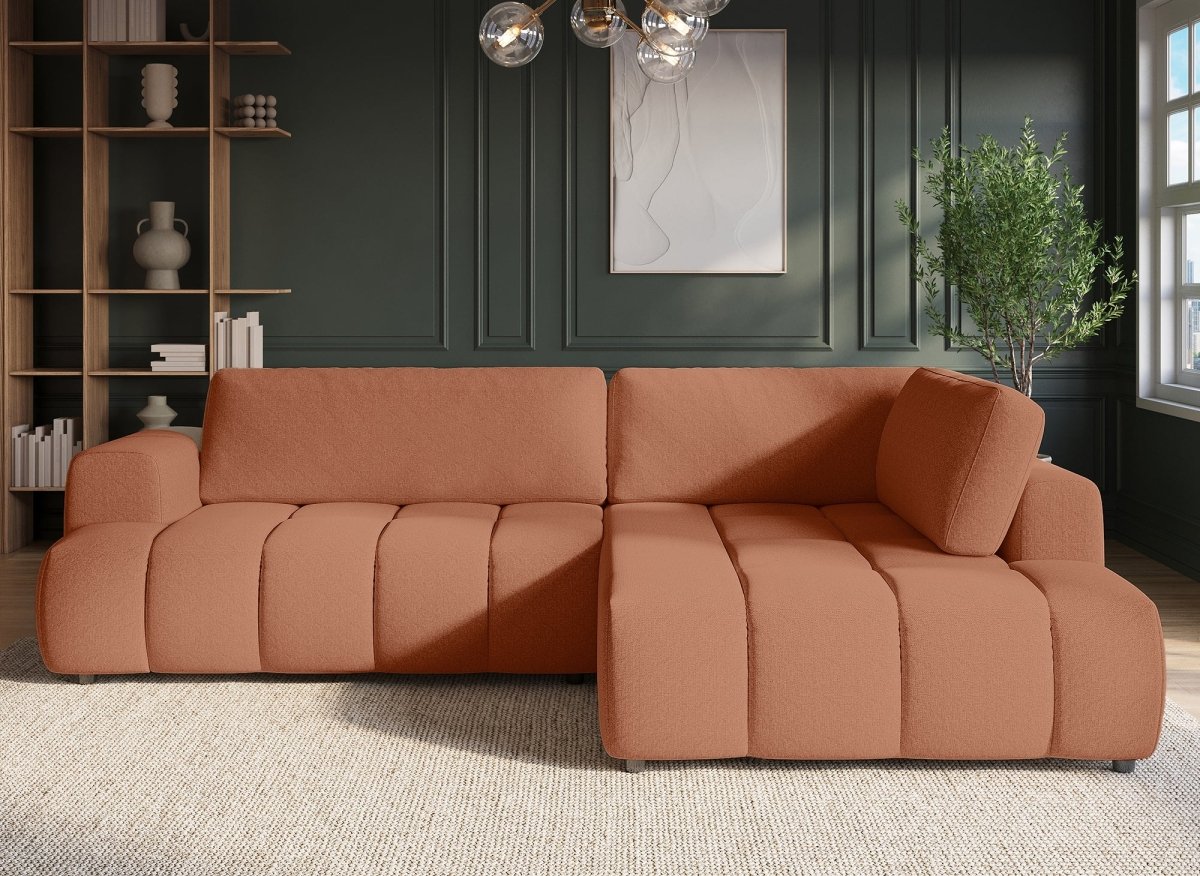Canapé d'angle convertible avec coffre en tissu terracotta HAVEN - Angle droit - DécoInParis