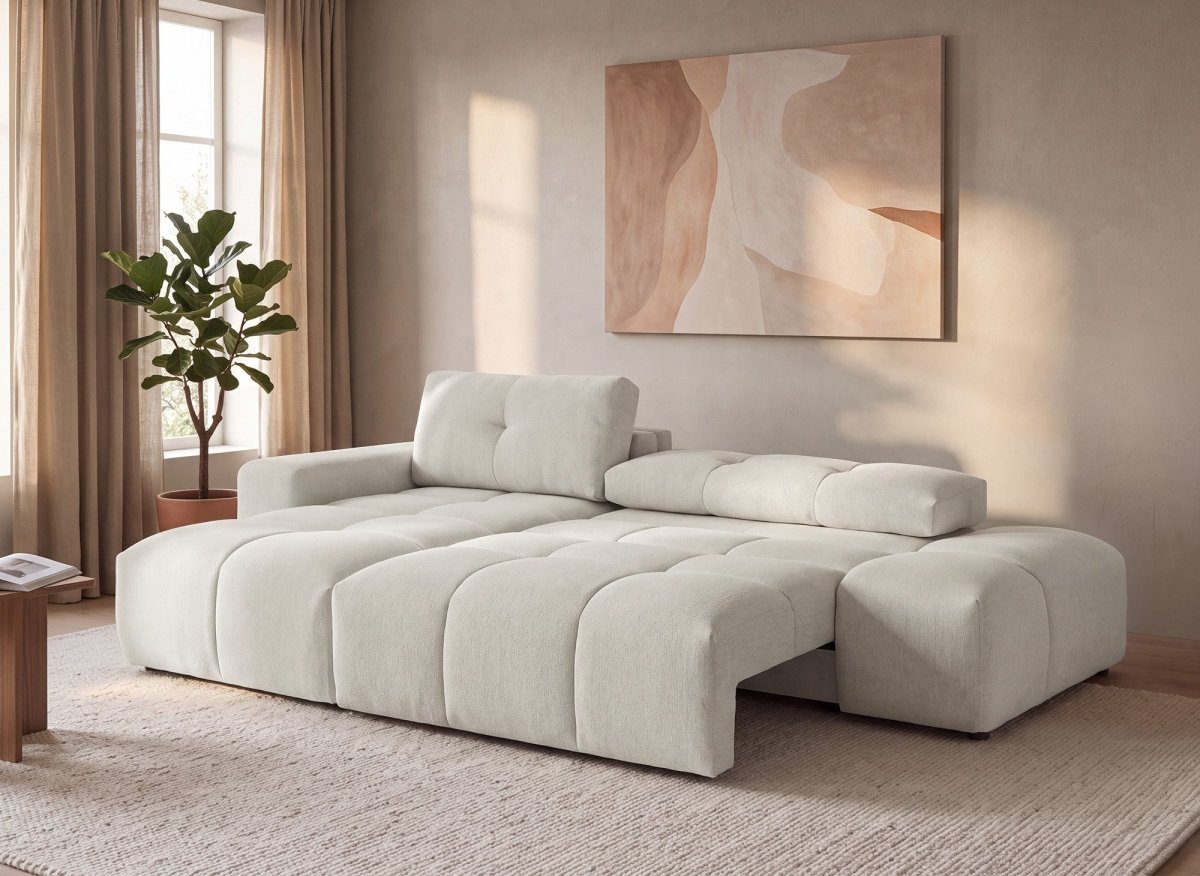 Canapé d'angle convertible avec coffre en tissu texturé beige ANGELINE - Angle gauche - DécoInParis