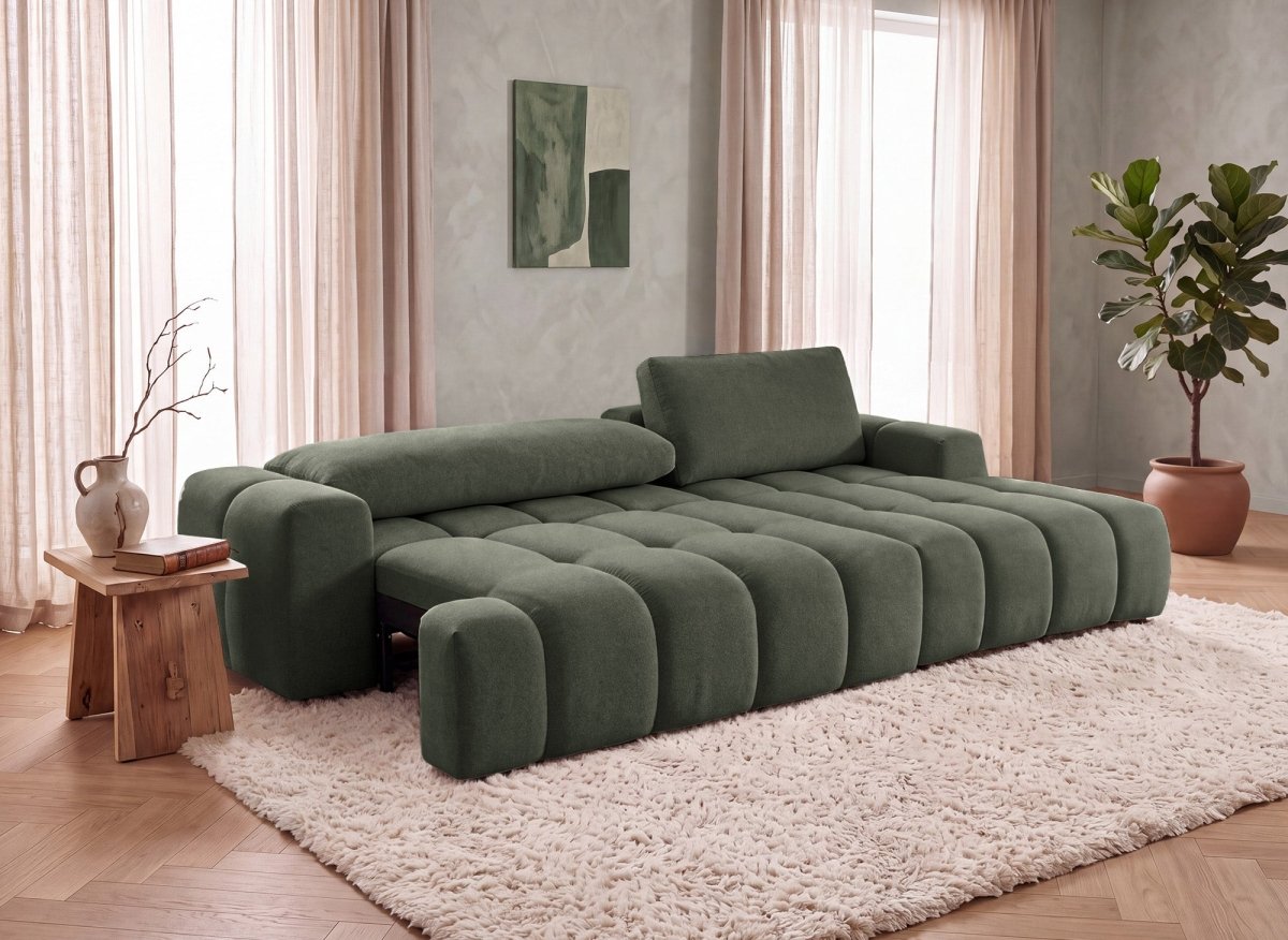 Canapé d'angle convertible avec coffre en tissu texturé vert olive BERENICE - Angle droit - DécoInParis