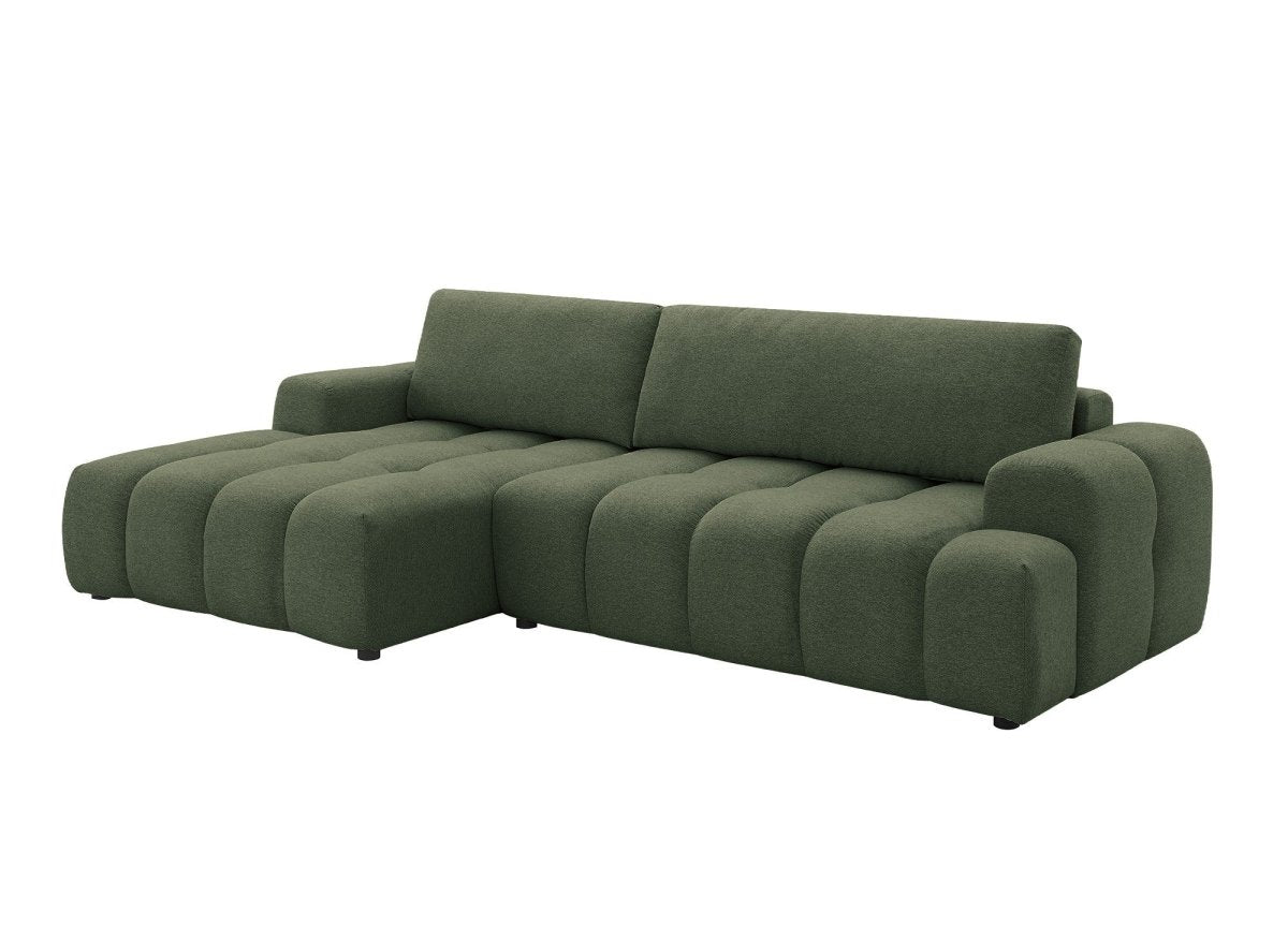 Canapé d'angle convertible avec coffre en tissu texturé vert olive BERENICE - Angle gauche - DécoInParis