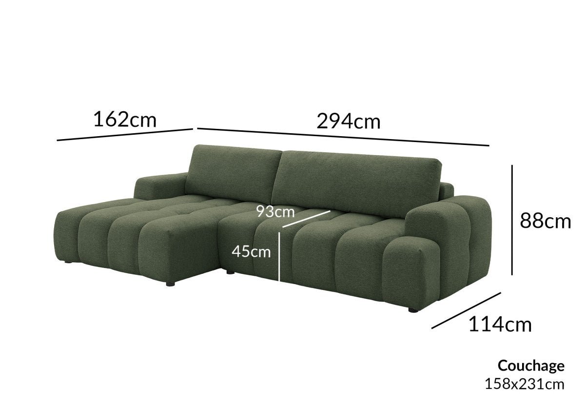 Canapé d'angle convertible avec coffre en tissu texturé vert olive BERENICE - Angle gauche - DécoInParis